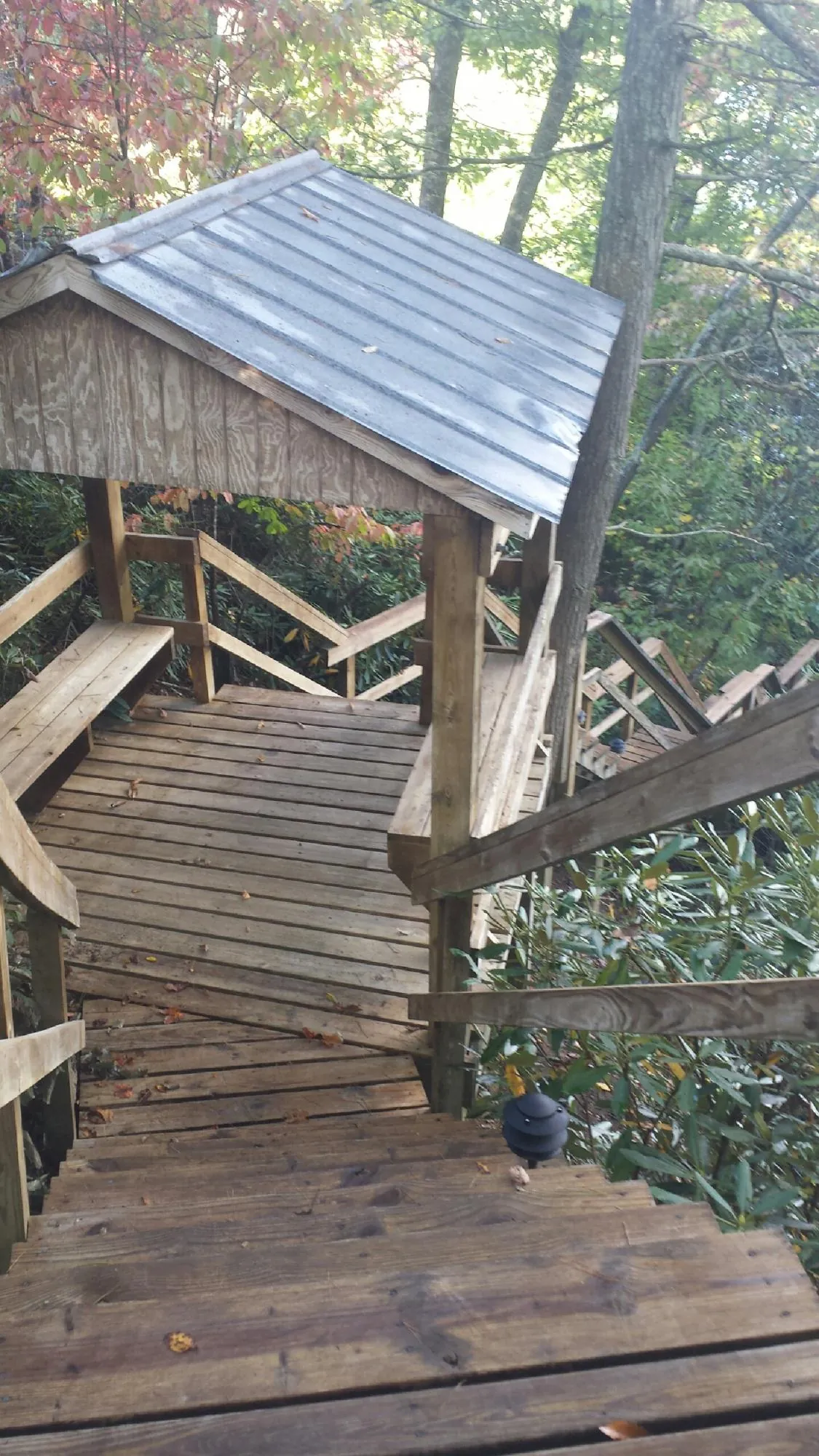 Metal roofed shelter over wooden steps on a wooded walkway — Skylight Repair & Installation work by our crew in Whaleyville